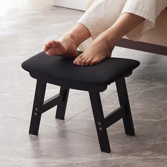Foot Stool,Ottoman,Bamboo Small Sofa Foot Rest Under Desk,Extra Seating for Living Room, Bedroom and Kitchen (Black Stool Legs - Black Surface)