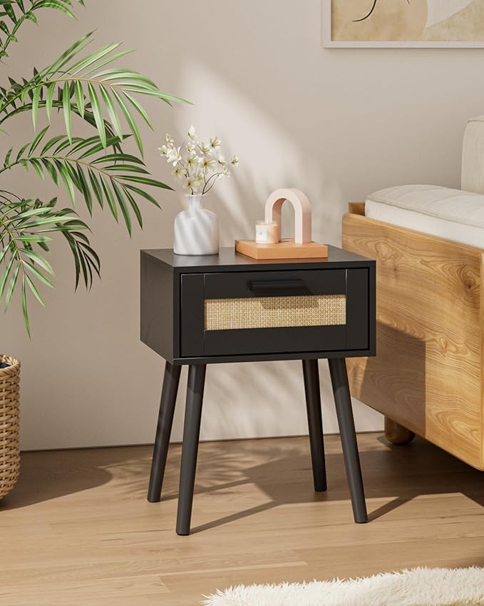 Bedroom Nightstands Wooden Night Stands with Rattan Weaving Drawer Home Bedside End Table for Bedroom Storage (Bohemian-Black)