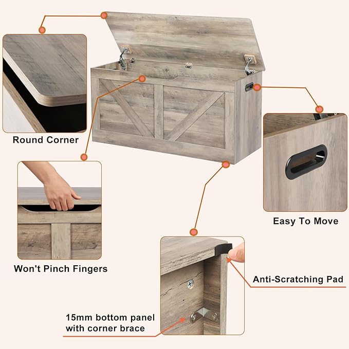 39.4" Storage Chest, Wooden Storage Bench, Large Storage Trunk with 2 Safety Hinges, Entryway Shoes Bench for Living Room, Bedroom, Grey