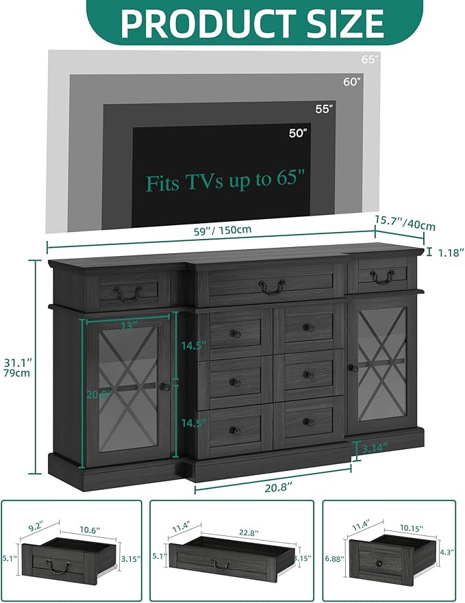 YITAHOME Television Stand for 65/55 Inch TV, Farmhouse TV Stand with 9 Drawers, Adjustable Shelves and Tempered Glass Doors, Entertainment Center TV Media Console for Living Room, Dark Grey