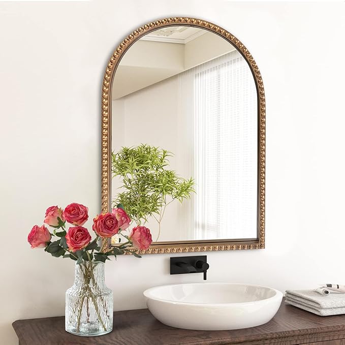 Traditional Arch Mirror for Bathroom, 20" x30" Baroque Antique Gold Marlowe Mirrors Beaded Frame, Decorative Accent Vertical Vanity, Wall Decor Over Mantel Fireplace, Sofa, Entryway