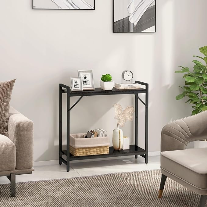 Narrow Console Table, 2 Tier Small Entryway Table, Sofa Table with 2 Support Bar, Industrial Couch Table, Thin Side Table, Display Table for Living Room, Hallway, Bedroom, Foyer, Black