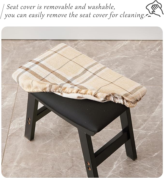 Foot Stool,Ottoman,Bamboo Small Sofa Foot Rest Under Desk,Extra Seating for Living Room, Bedroom and Kitchen (Black Stool Legs - Stripes Surface)