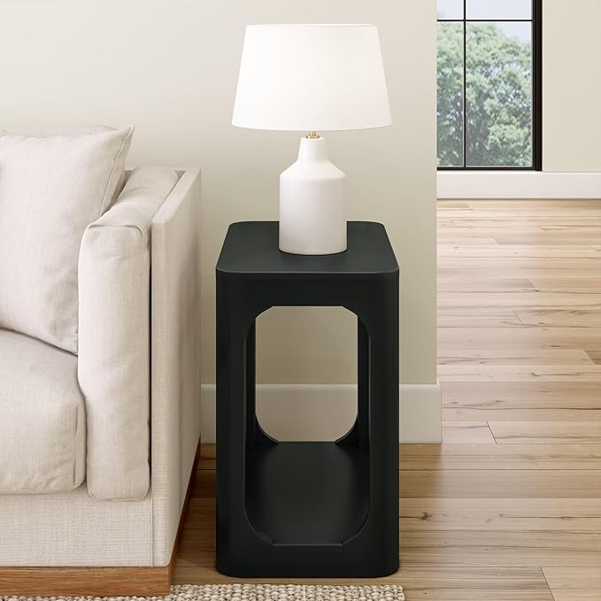 Plank+Beam Modern Rounded Rectangular Side Table with Shelf, Solid Wood End Table for Living Room, 25in, Black