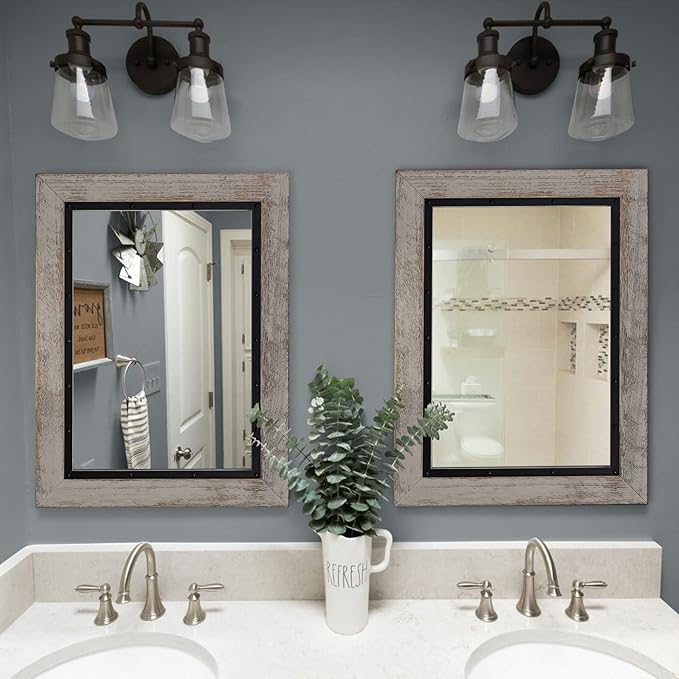 YOSHOOT Rustic Wooden Framed Wall Mirror, Natural Wood and Iron Bathroom Vanity Mirror for Farmhouse Decor, Vertical or Horizontal Hanging, 60" x 30", Grey