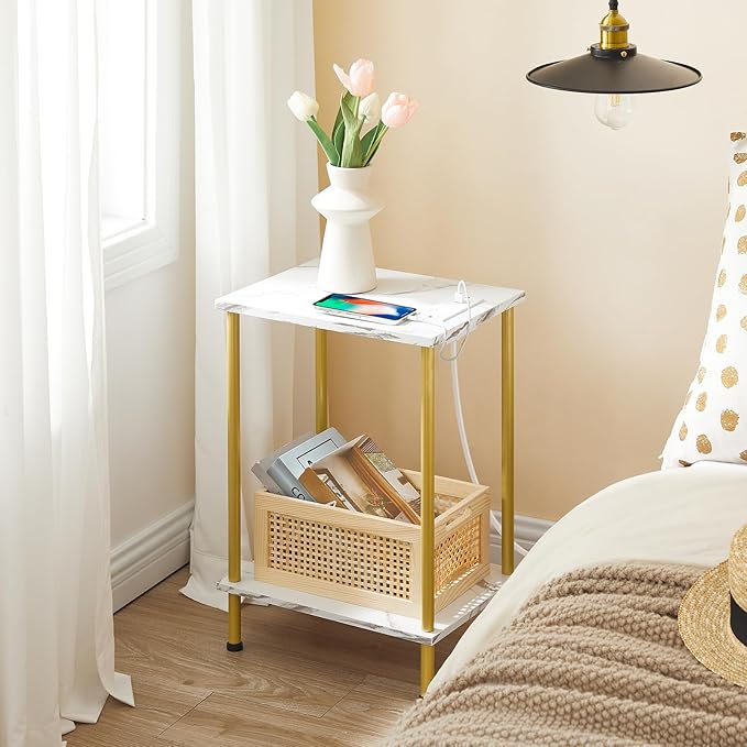 HOOBRO Side Table with Charging Station, Set of 2 End Tables with USB Ports and Outlet, Nightstand with 2-Layer Storage Shelves for Small Spaces, Living Room, Bedroom, Gold and Marble DM09UBZP201