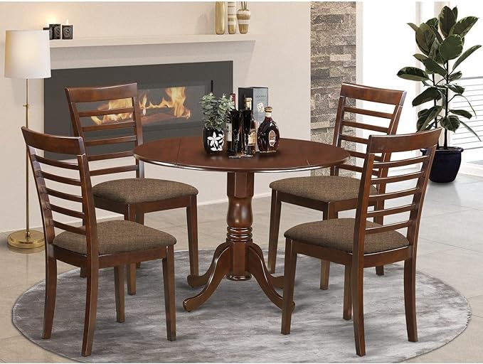 East West Furniture DLML5-MAH-C 5 Piece Dining Table Set for 4 Includes a Round Kitchen Table with Dropleaf and 4 Linen Fabric Upholstered Dinette Chairs, 42x42 Inch, Mahogany