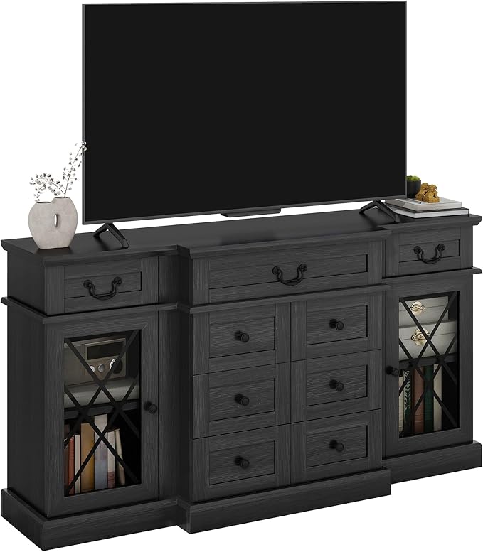 YITAHOME Television Stand for 65/55 Inch TV, Farmhouse TV Stand with 9 Drawers, Adjustable Shelves and Tempered Glass Doors, Entertainment Center TV Media Console for Living Room, Dark Grey