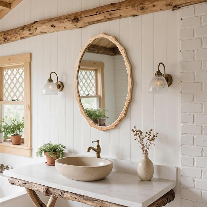 sawsile 20x30'' Rustic Oval Wood Mirror,Decorative Farmhouse Oval Mirrors,Bamboo Vanity Nature Mirrors for Bedroom, Bathroom, Living Room,or Entryway
