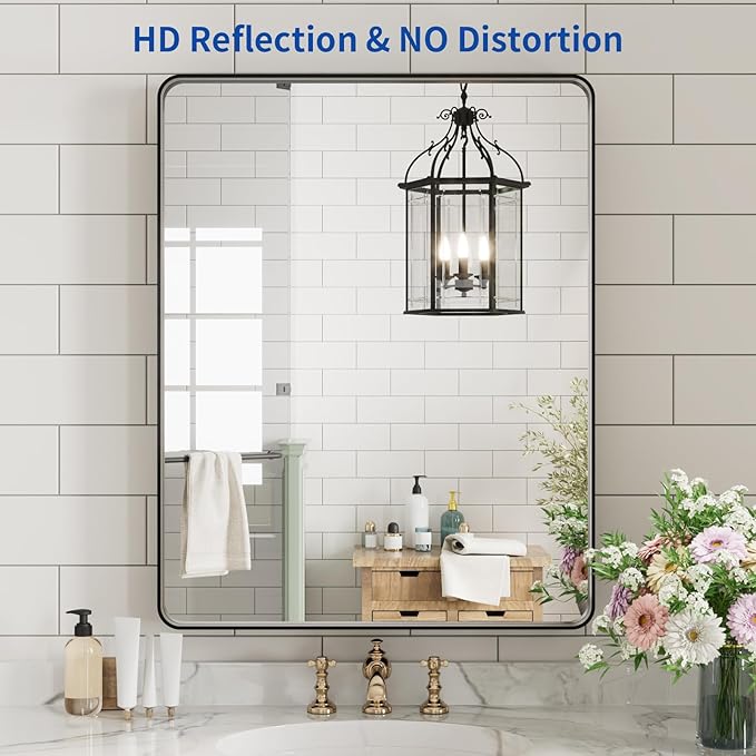 WEER Black Bathroom Mirror for Wall 20X30 Inch, Rectangular Black Metal Framed Vanity Mirror, Farmhouse Bathroom Mirror with Tempered Glass, Rounded Corner, Anti-Rust (Horizontal/Vertical)