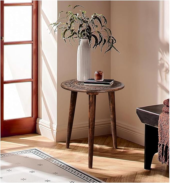 Wooden Table with 3 Legs Pillar,Carving End Tables,Round Coffee Table for Livingroom,Entryway Table,Living Room Side Table for Magazines,Books and Plants - 18"x22" - Burnt