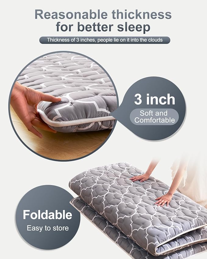 6th Generation Japanese Floor Futon Mattress - Extra-Thick 9-Layer Modern Futon with 100% High-Density Foam, Portable Floor Mattress Sleeping Pad for Adults, Guest Room, Dormitory, Full Size (54"X80")