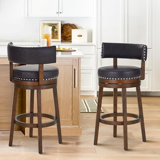 COLAMY Swivel Bar Stools Set of 2, 30 Inch Swivel Bar Height Bar Stools, Wood Swivel Barstools with Back, Modern Upholstered Wooden Barstools for Kitchen Island Dining Room Bar, Dark Brown
