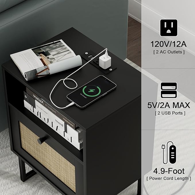 Masupu Extra Large Rattan Nightstand,Boho Night Stand Modern Farmhouse Wood Bedside Table with Storage Drawer and Open Shelf,Side End Table for Bedroom,Living Room,Black