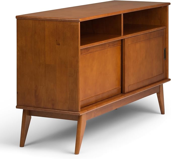 SIMPLIHOME Draper SOLID HARDWOOD 54 Inch Wide Mid Century Modern TV Media Stand in Teak Brown For TVs up to 60 Inches, For the Living Room and Entertainment Center