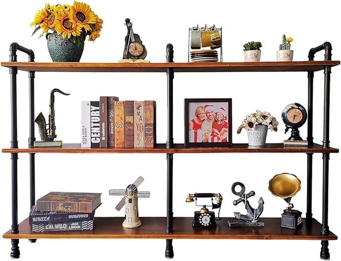 3 Tier Long Industrial Bookshelf, 3 Realwood Industrial Pipe Bookshelf for Living Room, Entry, Office (Rustic Brown, 60" L x 11.8" W x 39" H)