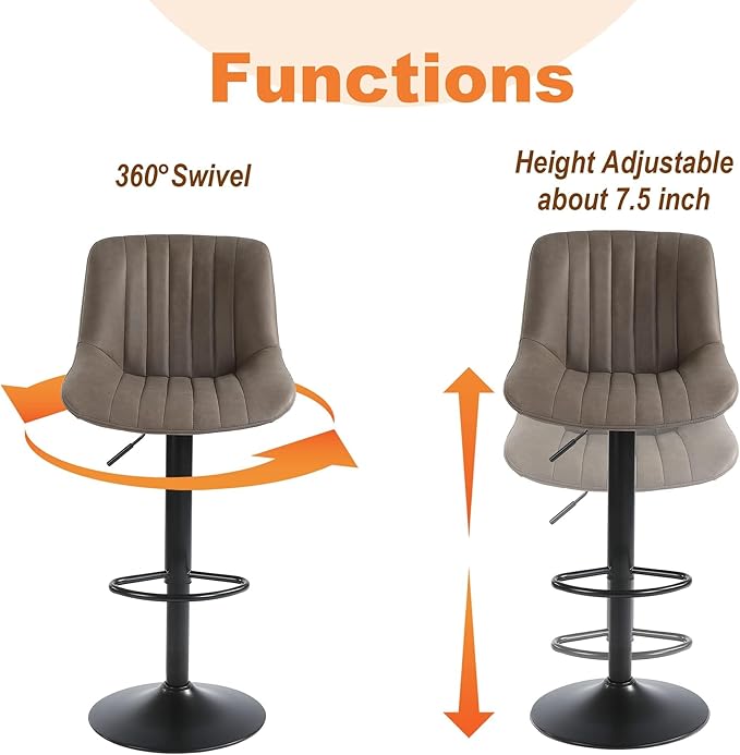 Bar Stools Set of 4, Swivel Counter Height Barstools with Back, Adjustable PU Leather Bar Chairs, Modern Armless Kitchen Island Stool, Brown