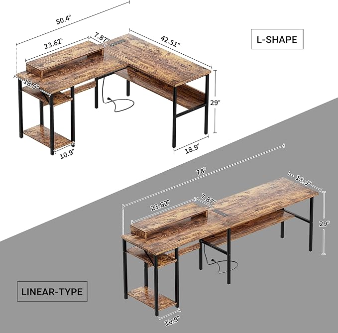 Unikito L Shaped Computer Desk with Magic Power Outlets and Smart LED Light, Sturdy Reversible Corner Desk with Monitor Stand & Storage Shelves, Home Office Work Desk, Easy to Assemble, Rustic