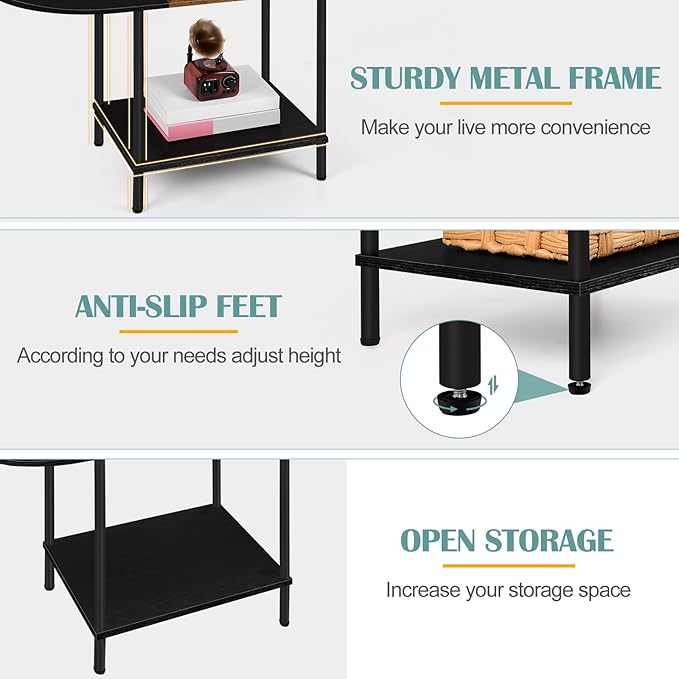 Small Round Coffee Table, 2-Tier Oval Center Table with Storage and Open Shelving, Minimalist Display Center Table for Living Room, Small Space, Home Office, Brown & Black