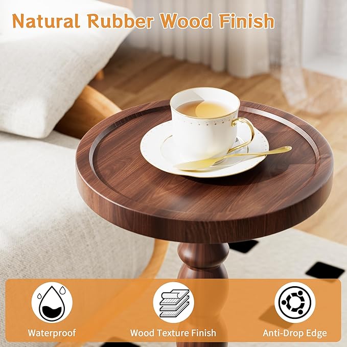 Solid Wood Drink Table, Rubber Wood‌ Small Round Side Table for Small Spaces, Martini Tables, Pedestal End Tables for Living Room, Bedroom, Corners, and Office (Dark Walnut, 9.4 inch)