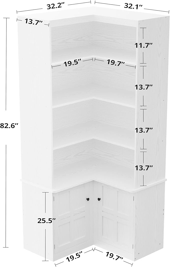 IRONCK Corner Bookshelf with Doors, 6 Tier Bookcase with Storage, Corner Shelf with Cabinet, Large Tall Bookshelf for Living Room, Home Office, Bedroom,White