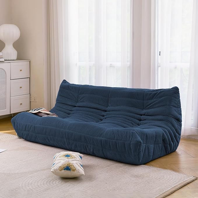 N&V Fireside Three Seater Sofa, Mid Century Armless Twin Size Floor Lounge Chair, Soft Premium Corduroy, Foam Accent Chair for Living Room, Bedroom (Prussia Blue)