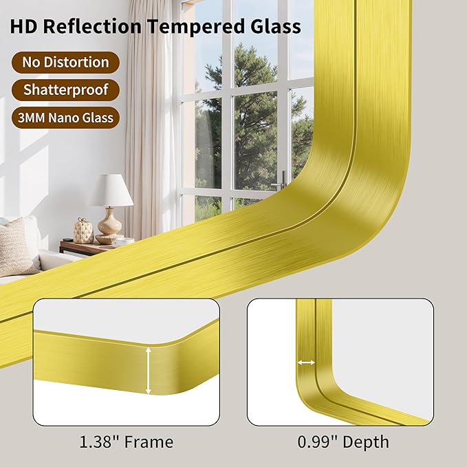 FORBATH 55x36 Inch Large Bathroom Mirror for Double Sinks, Brushed Gold Deep Frame Wall Mirror with Rounded Corners, Anti-Rust Tempered Glass for Modern Farmhouse Vanity (Horizontal/Vertical)