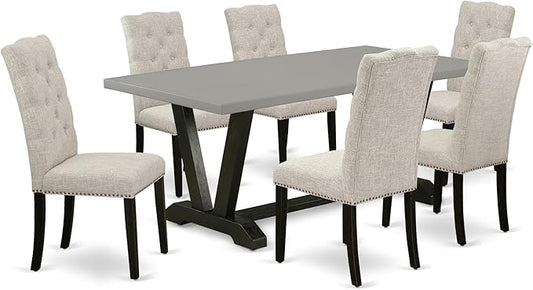 East West Furniture V697EL635-7 7 Piece Kitchen Table & Chairs Set Consist of a Rectangle Dining Room Table with V-Legs and 6 Doeskin Linen Fabric Parson Chairs, 40x72 Inch, Multi-Color