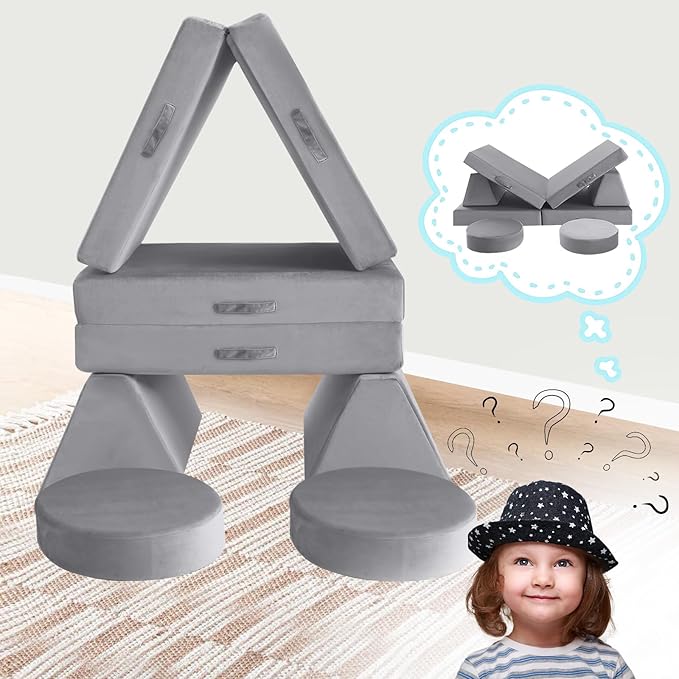 MeMoreCool Modular Kids Play Couch for Toddlers, Floor Foam Explorer Sofa with Building Fort Feature, Sectional Fold Out Block Couch for Playroom, Grey