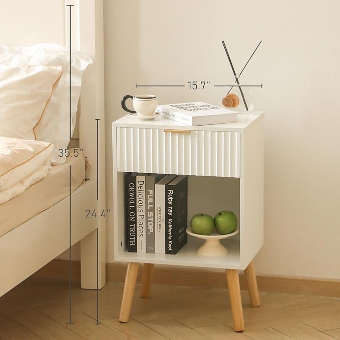 White Nightstand, Modern Bedside Table with Drawer and Opening Storage, Fluted End Side Table Living Room with Solid Wood Legs for Bedroom (White)