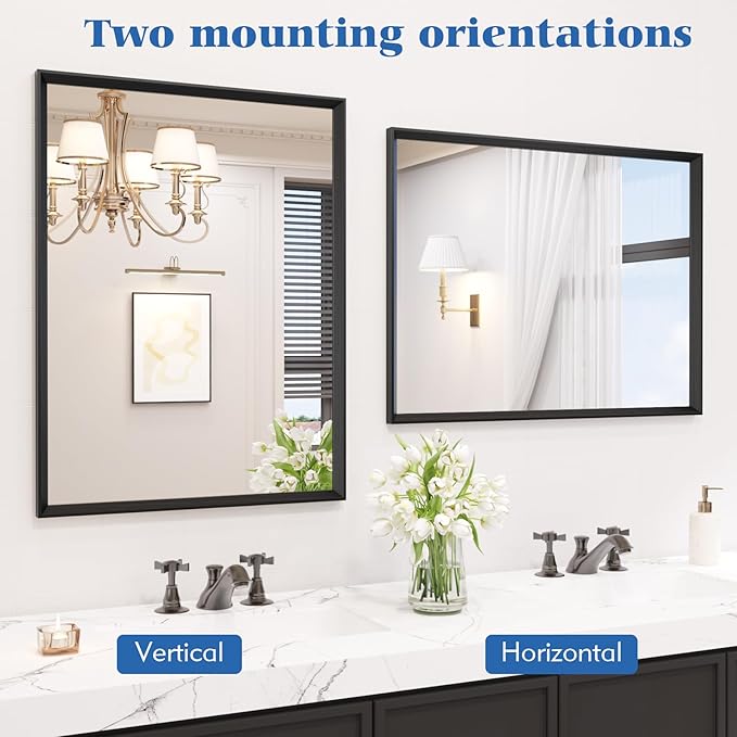 Rectangle Bathroom Mirror 55x30 Inch, Matte Black Framed, 4MM Tempered Glass, Anti-Rust, Wall-Mount Vanity Mirror for Bathroom & Bedroom, Hangs Horizontally or Vertically