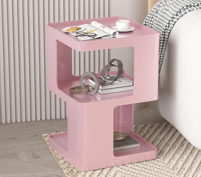 Metal Small Nightstands, Modern Side Table with 3 Tiers Storage, Pink End Table for Couch, Living Room Bedroom, Bedside Tables No Assembly Required