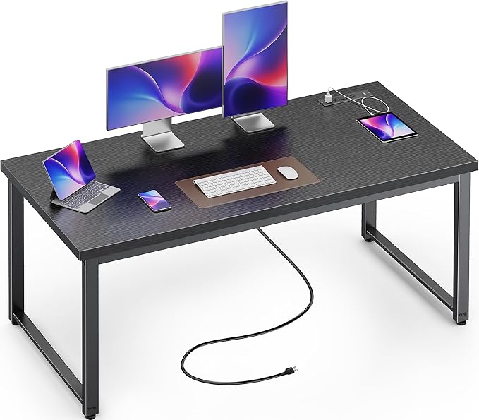 Huuger 55 x 24 inch Desk with Power Outlets & USB-C, Deeper & Thicker Desktop, Robust Metal Tubes, Computer Desk, Heavy Duty Office Desk, Work Gaming Desk for Home Office, Black