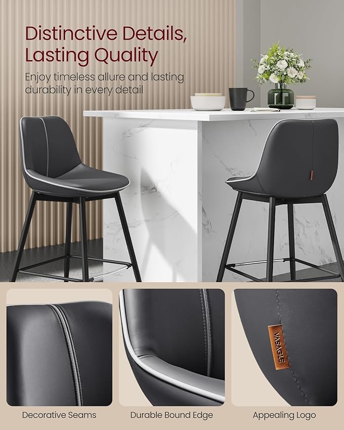 VASAGLE Bar Stools Set of 2, Counter Height Bar Stools with Back, Ergonomic Backrest, Synthetic Leather, Metal Legs, 24.4-Inch Tall Barstools for Kitchen Island Home Bar, Easy Assembly, Ink Black