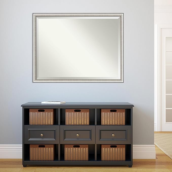 Amanti Art Silver Bathroom Mirror for Over Sink, 33x43 Salon Silver Narrow Rectangle Vanity Mirror, X-Large Traditional Frame, Hangs Horizonally and Vertically, Bathroom Wall Decor, Beveled Edge