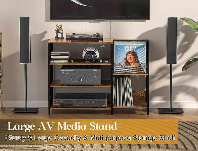 Large Record Player Stand Table with Vinyl Record Holder Up to 150PCS, AV Media Stand Stereo Cabinet Shelf Rack Tower with Storage, Sturdy, Adjustable Feet, Rustic, Large Capacity