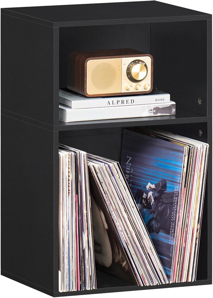 YAHARBO 2 Cube Bookshelf, Black Record Player Stand with Vinyl Storage Up to 100 Albums, Horizontal Book Shelf, Small Cubby Bookcase with Storage Organizer, Turntable Stand for Living Room, Bedroom