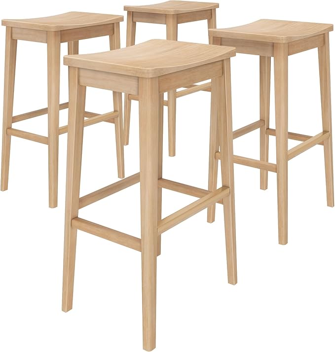 Plank+Beam Smythe Bar Stool, 30", Set of 4, Sturdy Wood Modern Kitchen Bar Height Stool, Saddle Seat Backless Bar Chair, Metal Footrest, Blonde