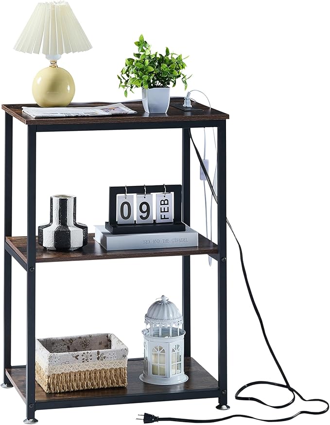 VECELO Tall End Table with Charging Station, Side Table with USB Ports and Outlets, 30" Height Nightstand with 3-Tier Storage Shelf for Living Room Bedroom Office Hallway Study