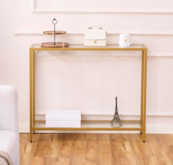 MAJARO Small Modern Console Table for Entryway, Tempered Glass with Metal Frame Sofa Table for Living Room, Hallway, Office (Double-Layer, Gold)