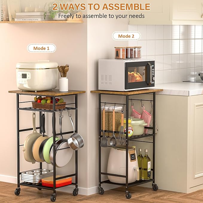 Rolling Kitchen Microwave Cart, 3 Tier Microwave Table Stand with Adjustable Shelf, Kitchen Storage Rack on Wheels, Coffee Station Cart Rack Shelf Organizer for Living Room Office, Balcony