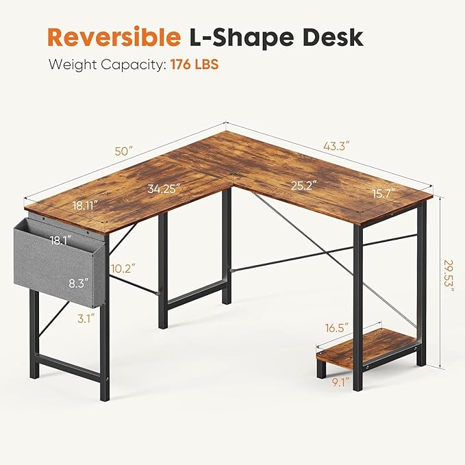 Whitmor L Shaped Gaming Desk - 50 Inch Reversible Corner Computer Desk with Wood Top, Metal Frame, CPU Stand & Side Bag, Home Office Dorm Sturdy Writing Workstation, Brown
