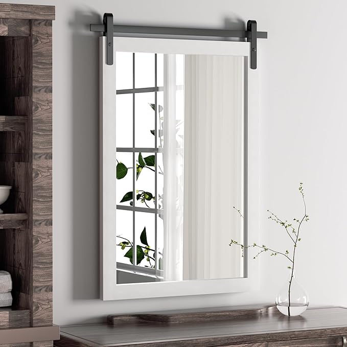 Farmhouse Mirror for Bathroom, White Rustic Vanity Mirror Wood Framed Decrative Mirrors, Barn Door Style Decor Entryway Bedroom 22x30INCH Horizontal