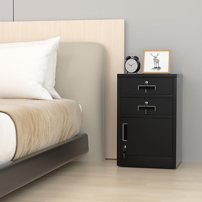 Metal Storage Cabinet with Locking Door and 2 Lockable Drawers for Home Office Bedroom Living Room (Black)