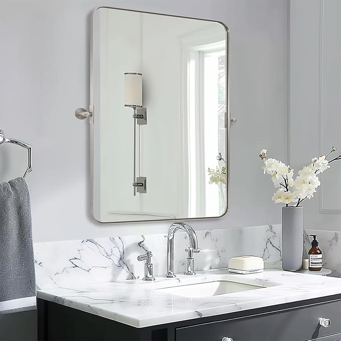 MOON MIRROR 22" x 30" Brushed Nickel Metal Framed Pivot Rectangle Bathroom Mirror, Silver Tilting Rounded Rectangular Vanity Mirror for Wall Hangs Vertical Only