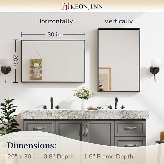 Keonjinn Black Mirror for Bathroom 20 x 30 Inch Brushed Framed Mirror, Rectangle Wall Mount Mirror Square Corner Modern Farmhouse Decorative Bathroom Vanity Mirror for Over Sink(Horizontal/Vertical)