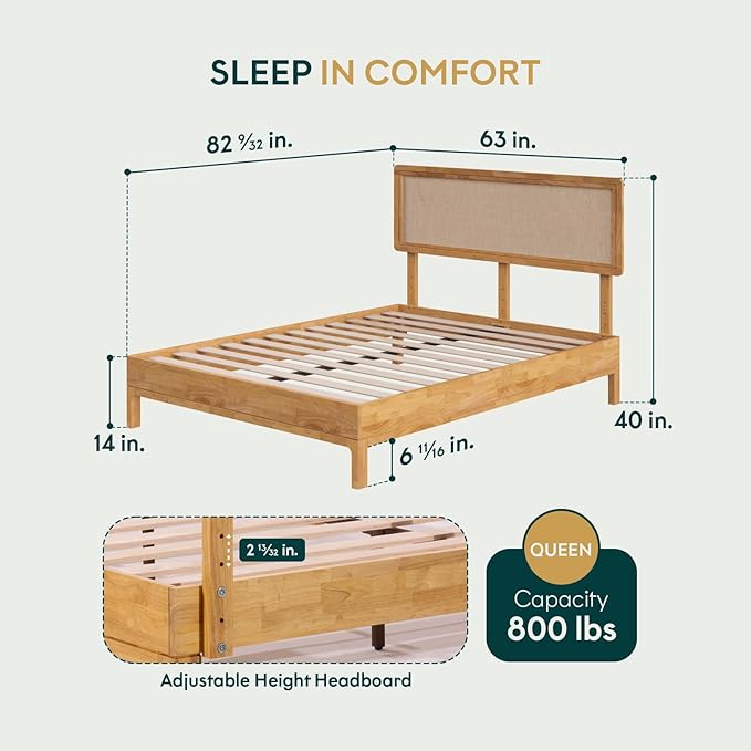 Nipe Platform Bed Frame with Headboard Size Queen - Light Natural - Solid Rubber