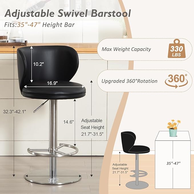 Bar Stools Adjustable Stainless Steel Swivel Barstool with Back and Footrest Leather Upholstered Bar Chairs for Home,Kitchen,Bar, Counter (Black, 1pc)