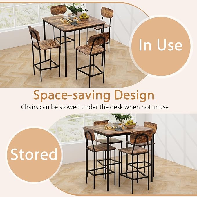 Tangkula Bar Height Table and Chairs, Counter-Height Dining Table Set, Pub Table and Chairs Set of 4, Space-Saving Dinette Set for Breakfast Nook