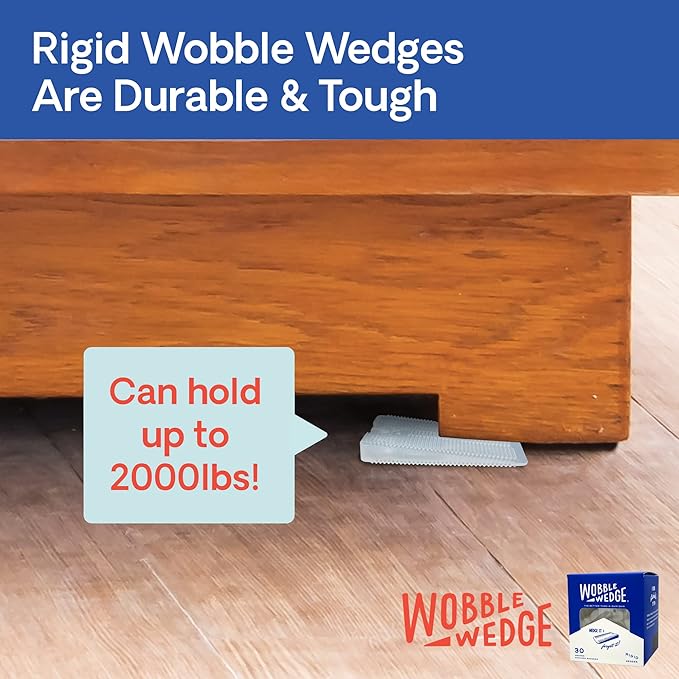 The Original Wobble Wedge Rigid Plastic Shims-MADE IN USA - Heavy-Duty Leveling Wedges for Furniture, Tables, Toilets, Home Improvement & Work Projects-Transparent Plastic Shim, Leveling Feet, 30 Pack